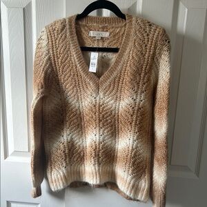 LOFT Brown and Cream V-Neck Cable Knit Sweater